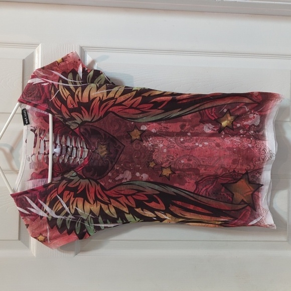🐢Wet Seal Junior's XL Semi Sheer Fitted Graphic Open Back Burnout Tee Runs Sm - Picture 1 of 7